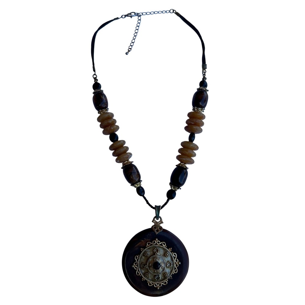 Vintage Boho Faux Amber Tortoise Shell Beaded Medallion Statement Necklace
